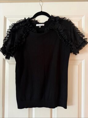 Sioni Black Knit Top with Ruffle/Netting Detail